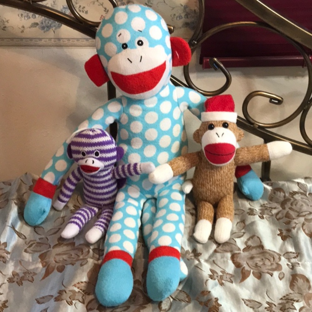 3 stuffed Sock Monkeys novelty colorful GANZ Gallerie big mouth